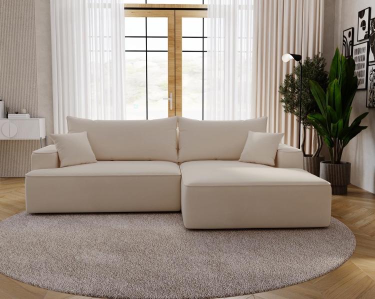 Elegancki narożnik w odcieniu beżu z szeroką otomaną do salonu BEVERLY