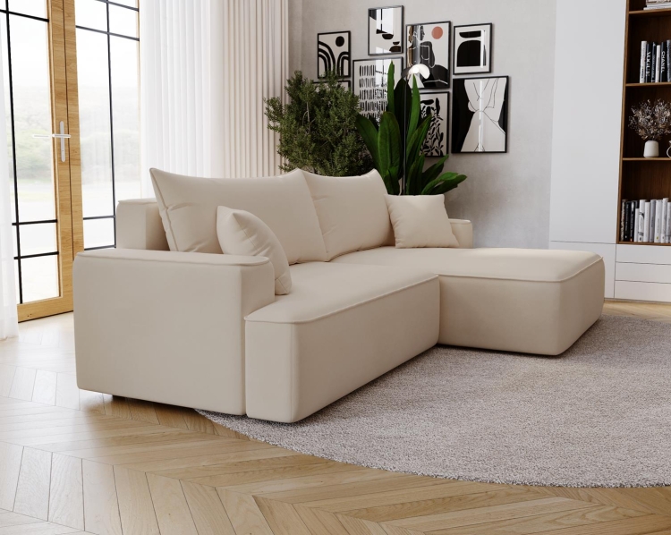 Elegancki narożnik w odcieniu beżu z szeroką otomaną do salonu BEVERLY