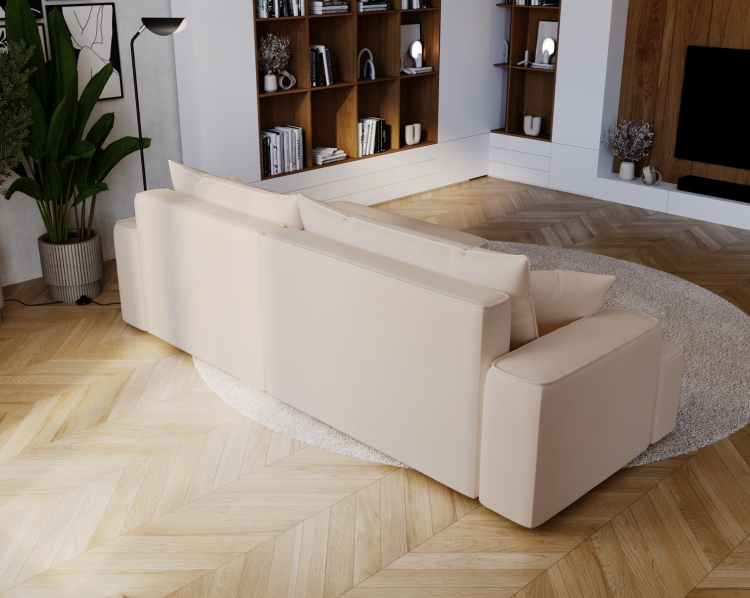 Elegancki narożnik w odcieniu beżu z szeroką otomaną do salonu BEVERLY