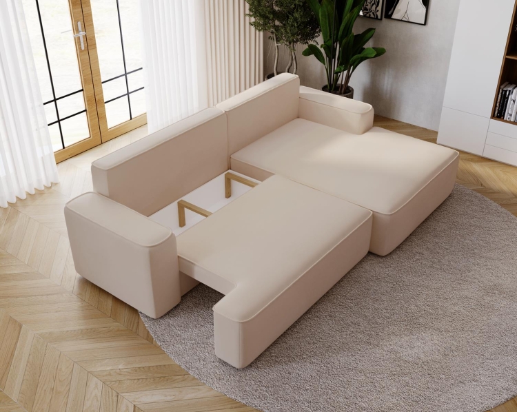 Elegancki narożnik w odcieniu beżu z szeroką otomaną do salonu BEVERLY