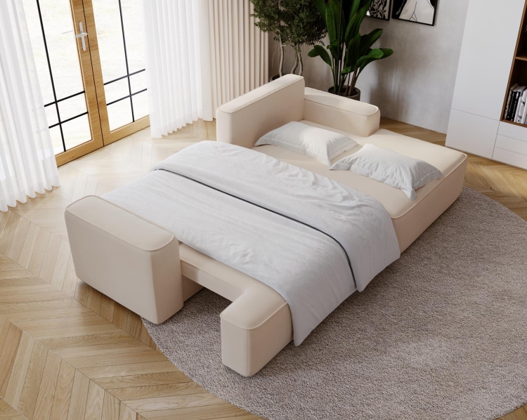 Elegancki narożnik w odcieniu beżu z szeroką otomaną do salonu BEVERLY