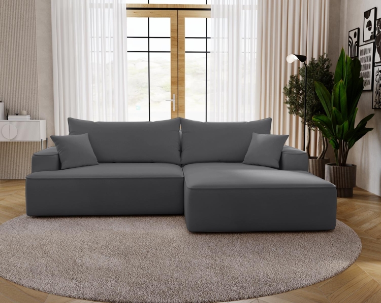 Rozkładany narożnik szary w kształcie L z szeroką otomaną do salonu BEVERLY