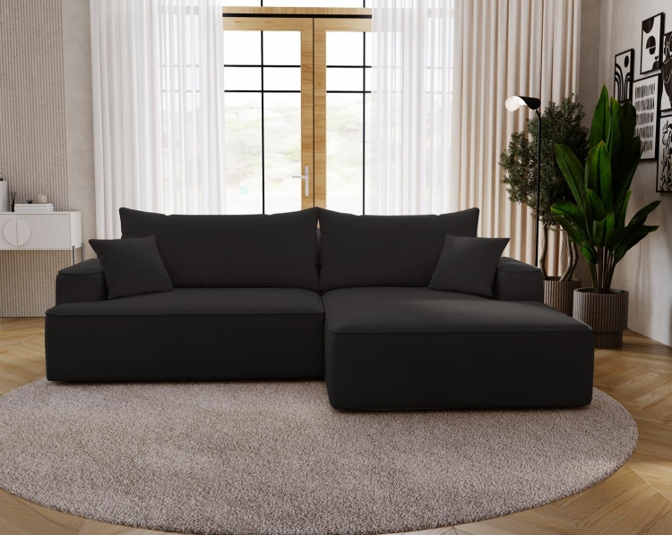 Wygodny narożnik z funkcją spania w czarnej welurowej tkaninie BEVERLY