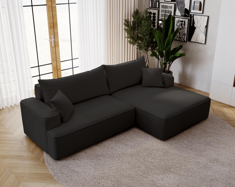 Wygodny narożnik z funkcją spania w czarnej welurowej tkaninie BEVERLY