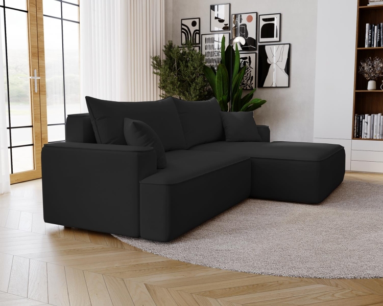 Wygodny narożnik z funkcją spania w czarnej welurowej tkaninie BEVERLY