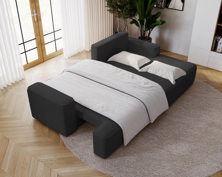 Wygodny narożnik z funkcją spania w czarnej welurowej tkaninie BEVERLY