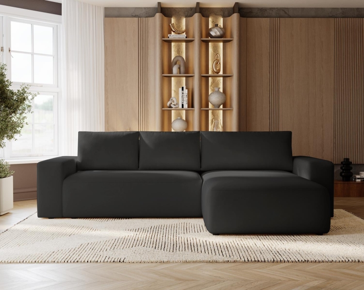 Elegancki czarny welurowy narożnik o szerokiej otomanie 250 cm CAMA