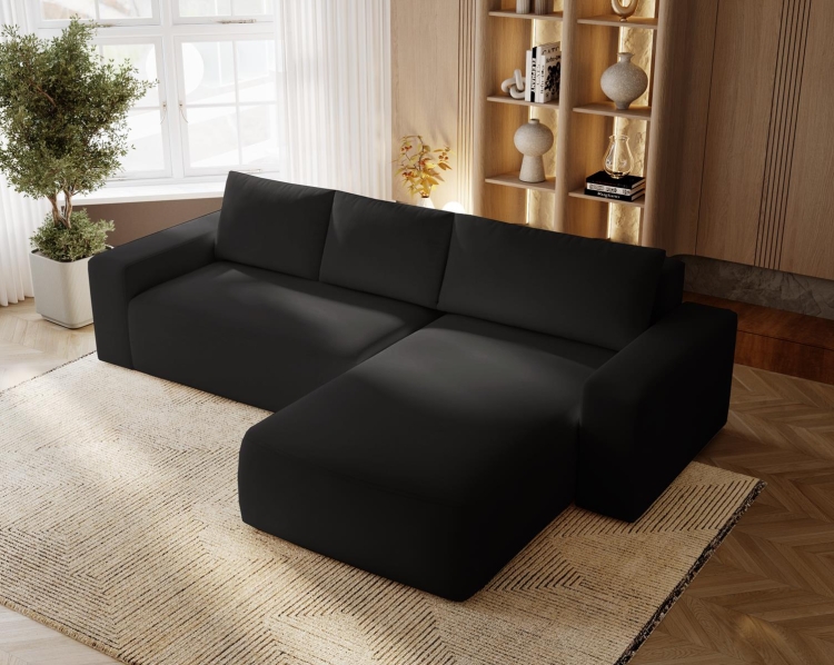 Elegancki czarny welurowy narożnik o szerokiej otomanie 250 cm CAMA