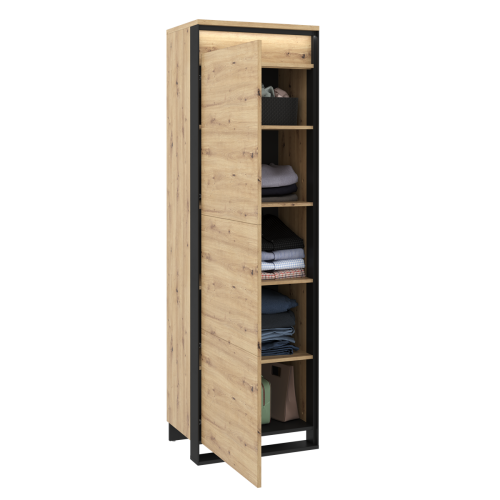 Wąska szafa w kolorze dąb artisan z oświetleniem z licznymi półkami NINO