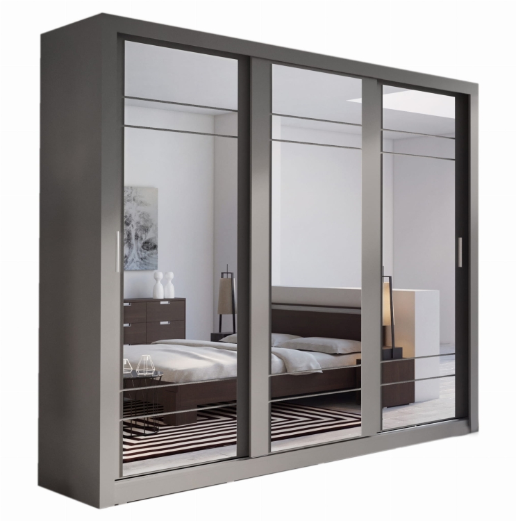 Szara przesuwna szafa z dużym lustrem do nowoczesnej sypialni ADISON