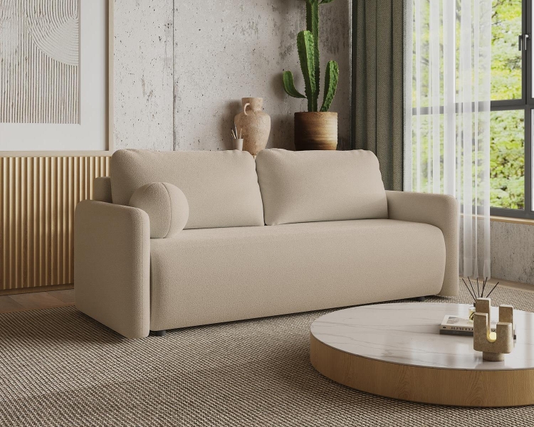 Stylowa sofa tapicerowana w beżowej tkaninie boucle LUNS