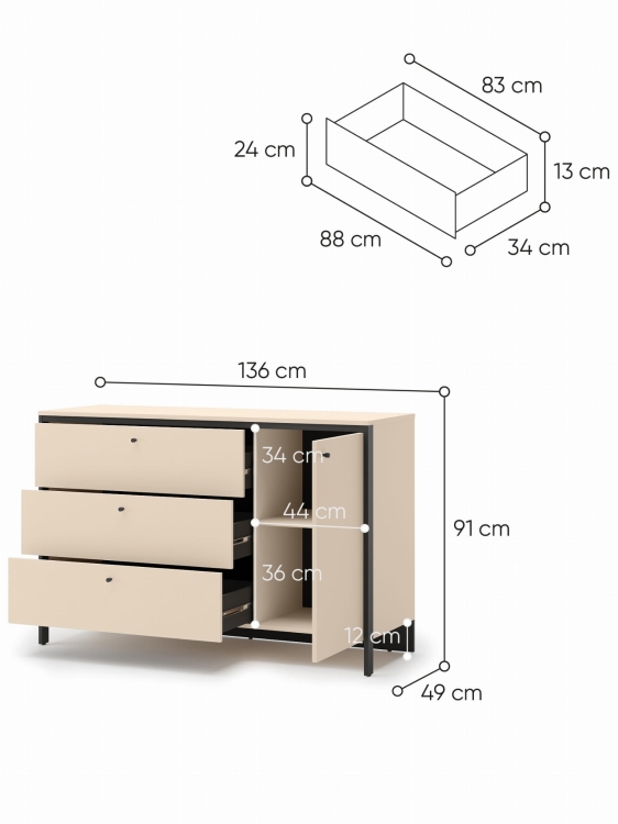 Elegancka duża komoda beżowa z trzema szufladami ELLA