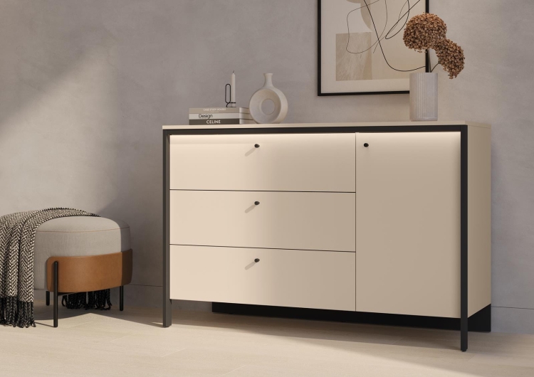 Elegancka duża komoda beżowa z trzema szufladami ELLA