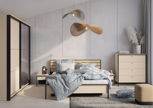 Nowoczesny stolik nocny z szufladą beż + czarny LED ELLA