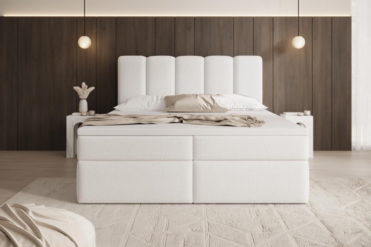 Eleganckie łóżko kontynentalne w ciemnej beżowej tkaninie boucle LUMI