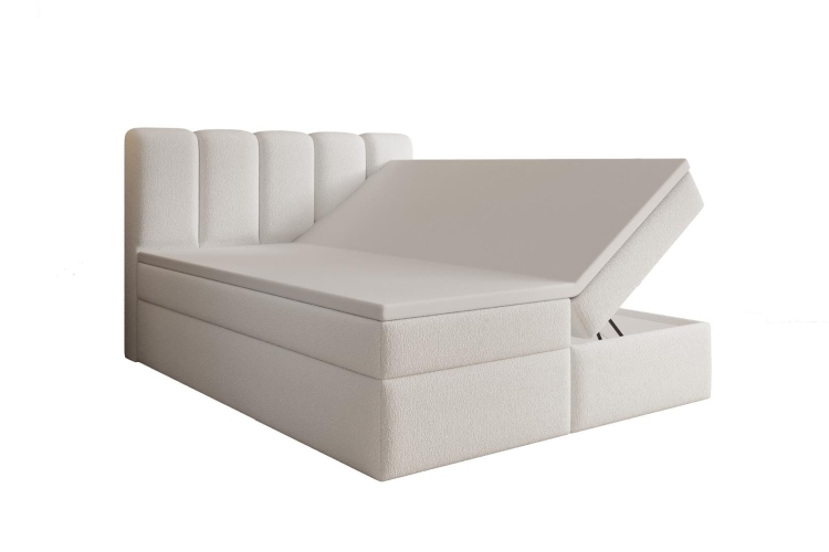 Eleganckie łóżko kontynentalne w ciemnej beżowej tkaninie boucle LUMI