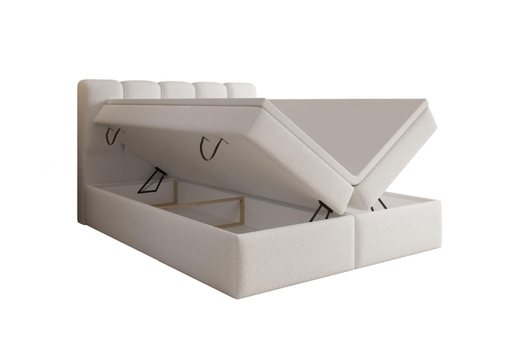 Eleganckie łóżko kontynentalne w ciemnej beżowej tkaninie boucle LUMI