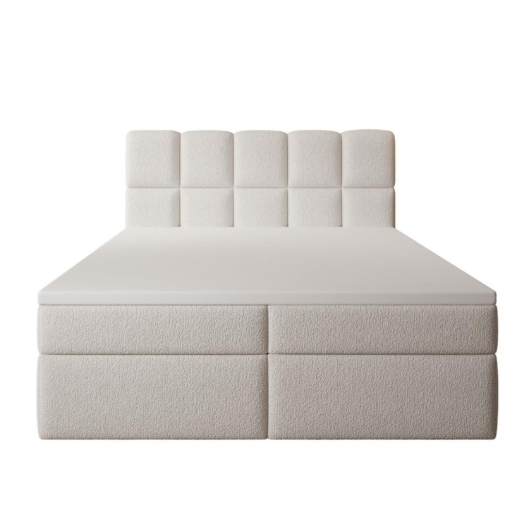 Eleganckie łóżko kontynentalne białe w tkaninie boucle PALEO