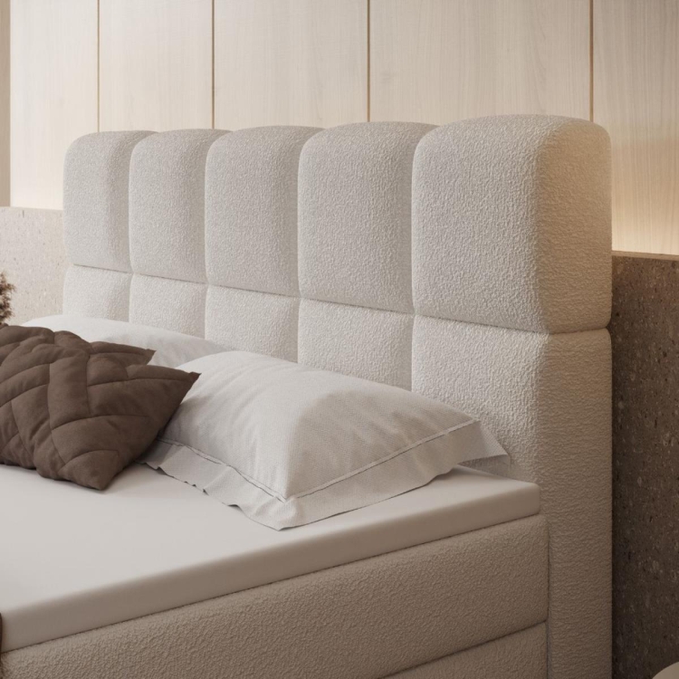 Eleganckie łóżko kontynentalne białe w tkaninie boucle PALEO