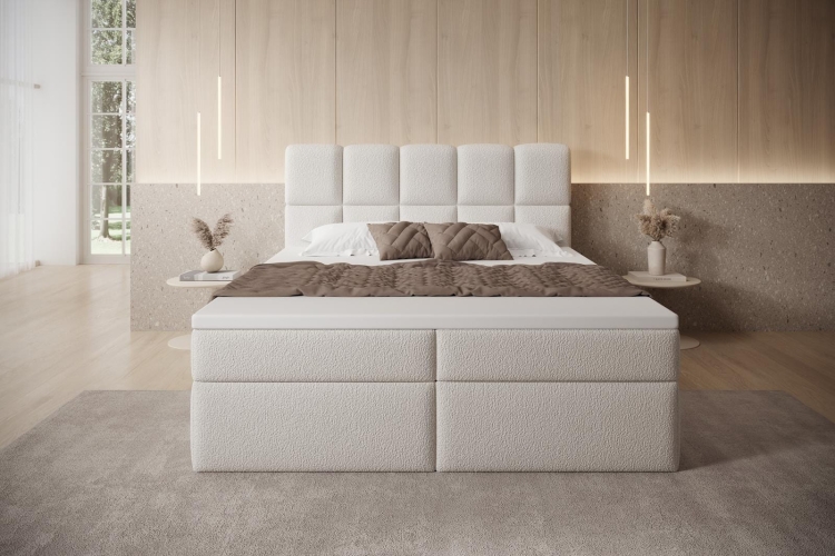 Designerskie grafitowe łóżko kontynentalne boucle z materacem PALEO