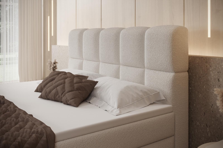 Designerskie grafitowe łóżko kontynentalne boucle z materacem PALEO