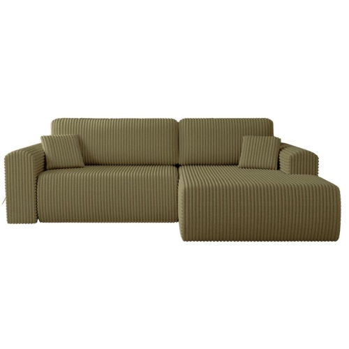 Oliwkowy narożnik szeroki do salonu 257 cm w tkaninie sztruks COMFS