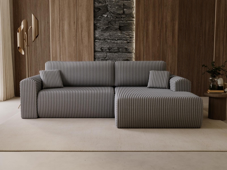 Miękki sztruksowy narożnik szeroki do salonu grafitowy COMFS